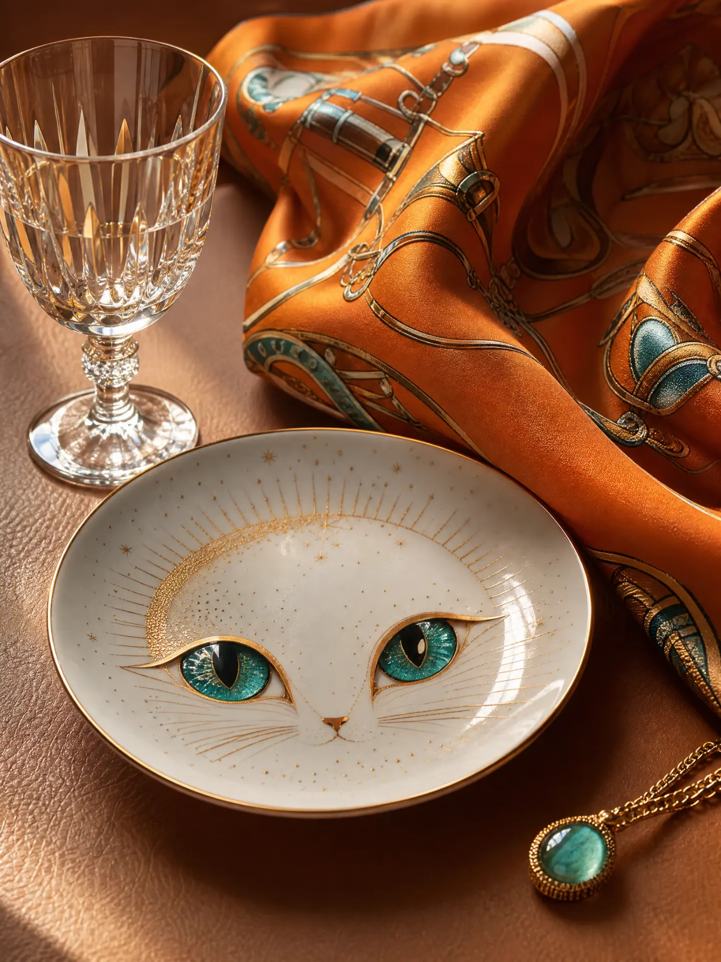 Cut crystal, a silk scarf and a hand painted porcelain dish with a cat's eyes in gold
