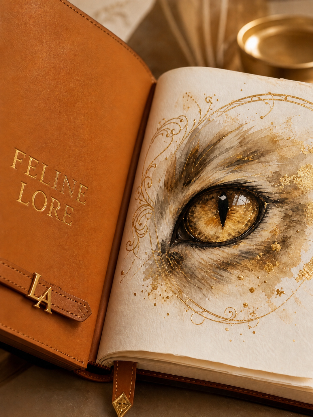 A leather bound Feline Lore notebook, open to a painted cat's eye in gold