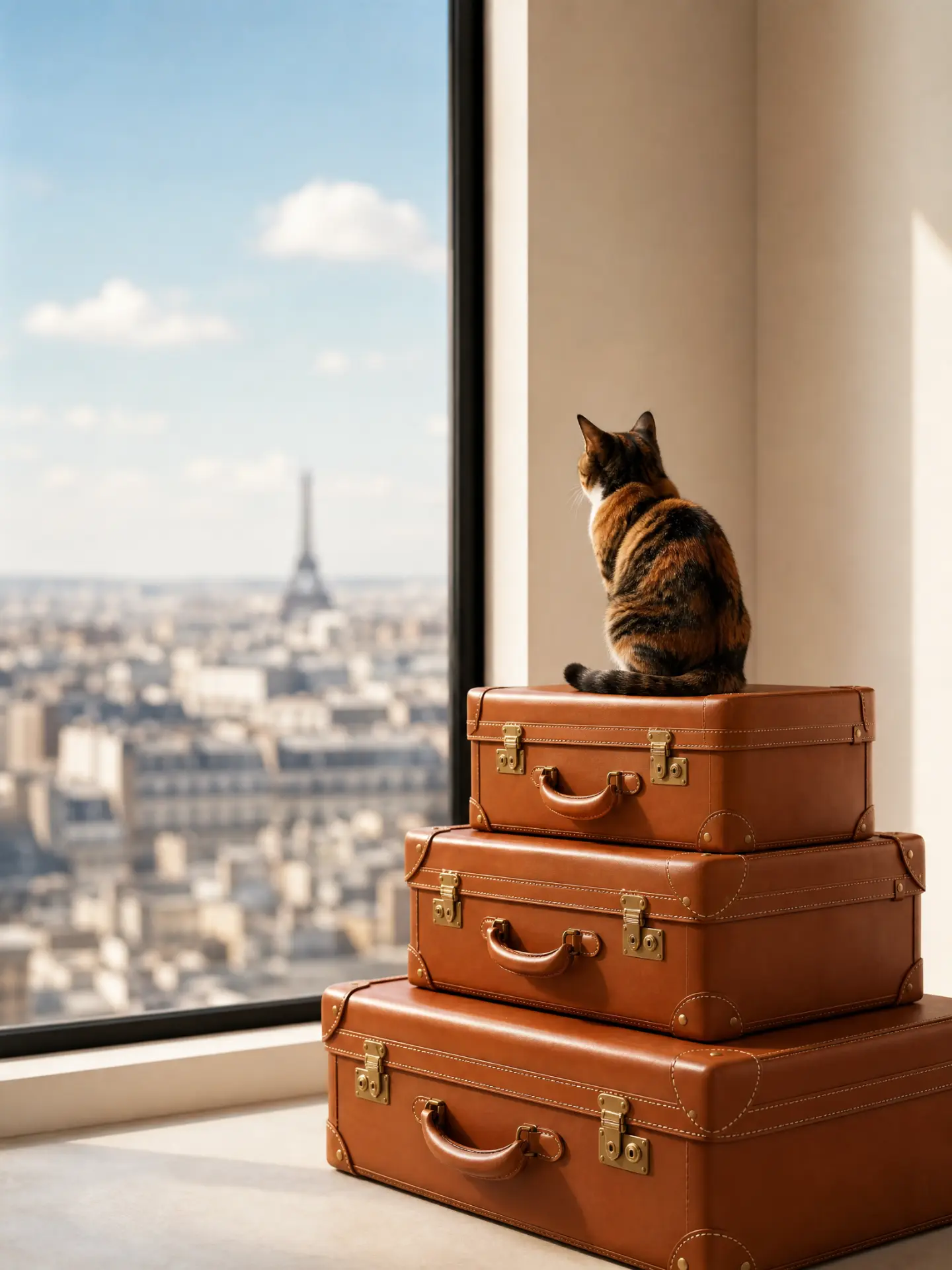 A cat seated on stacked leather trunks before a window looking over Paris