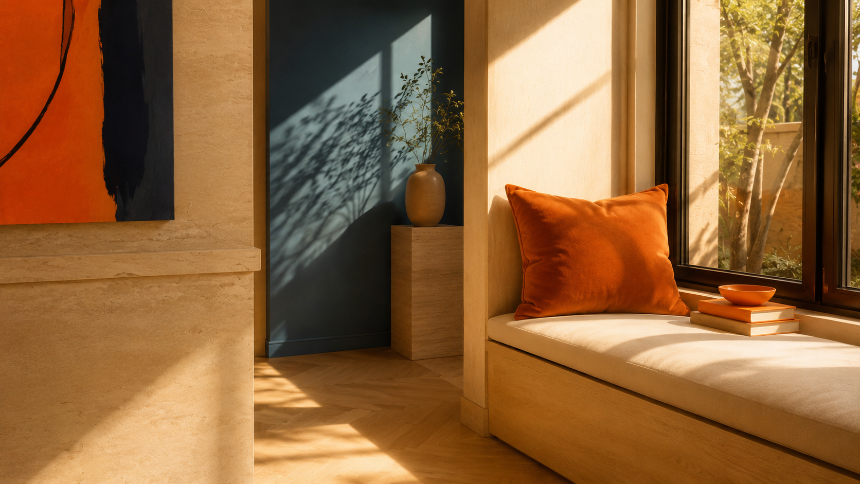An empty cushioned window seat beside a sunlit patch of wood floor in a warm neutral interior