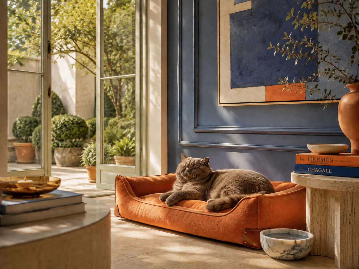A grey cat asleep on a saffron bed in a blue panelled room, beside books on Hermes and Chagall