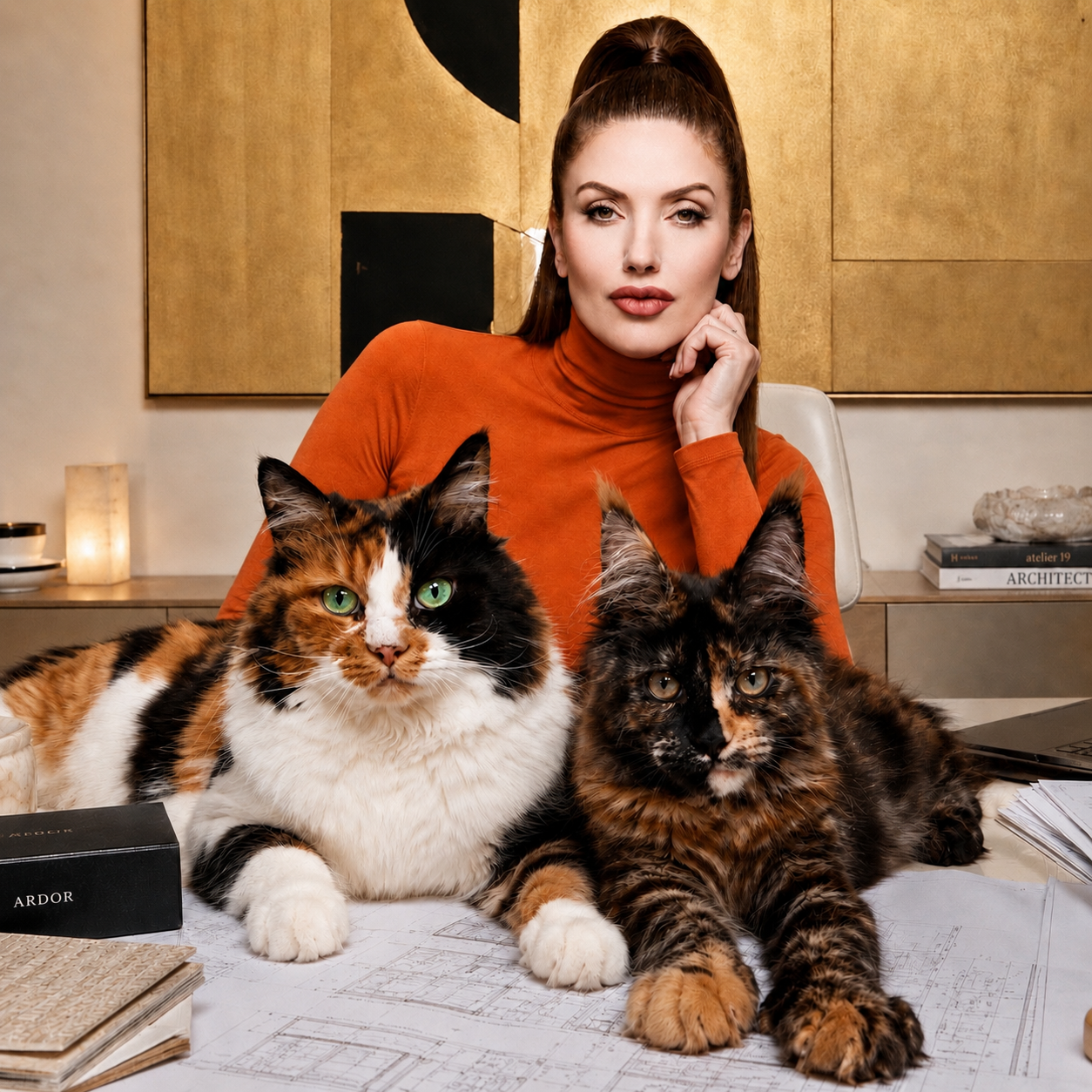 Lily Aleksand of Feline Lore at her desk with her two Maine Coon cats and architectural drawings