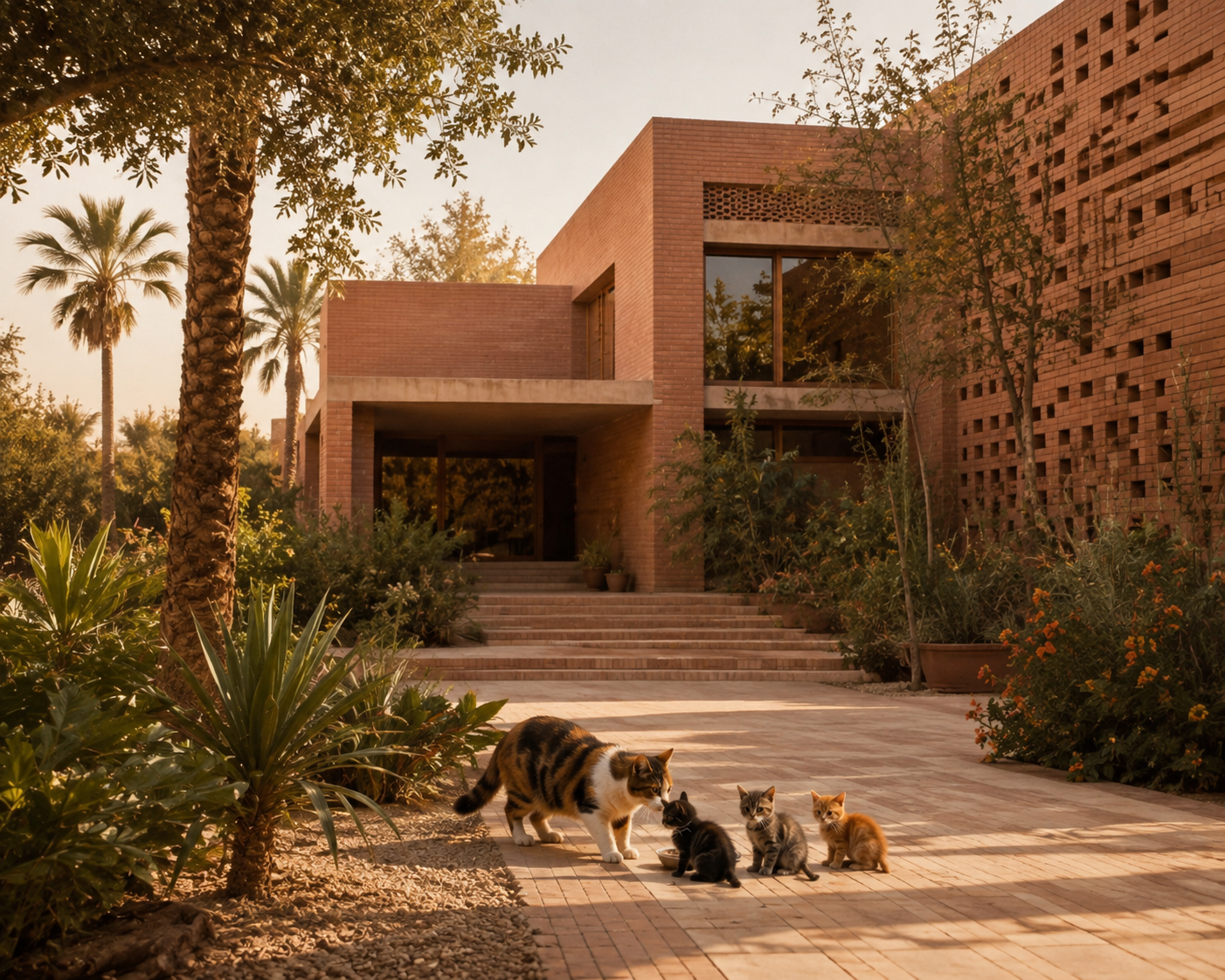 A shaded courtyard in the south of Iran, a mother cat with her kittens among palm trees and warm brick