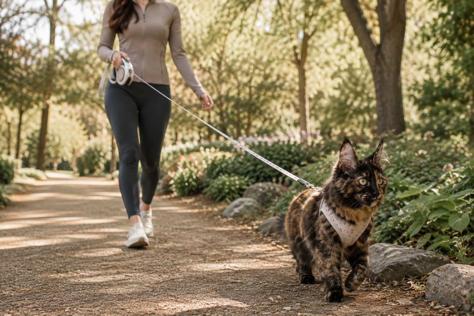 A long-haired tortoiseshell cat in a light harness walks ahead of a woman along a dappled garden path.