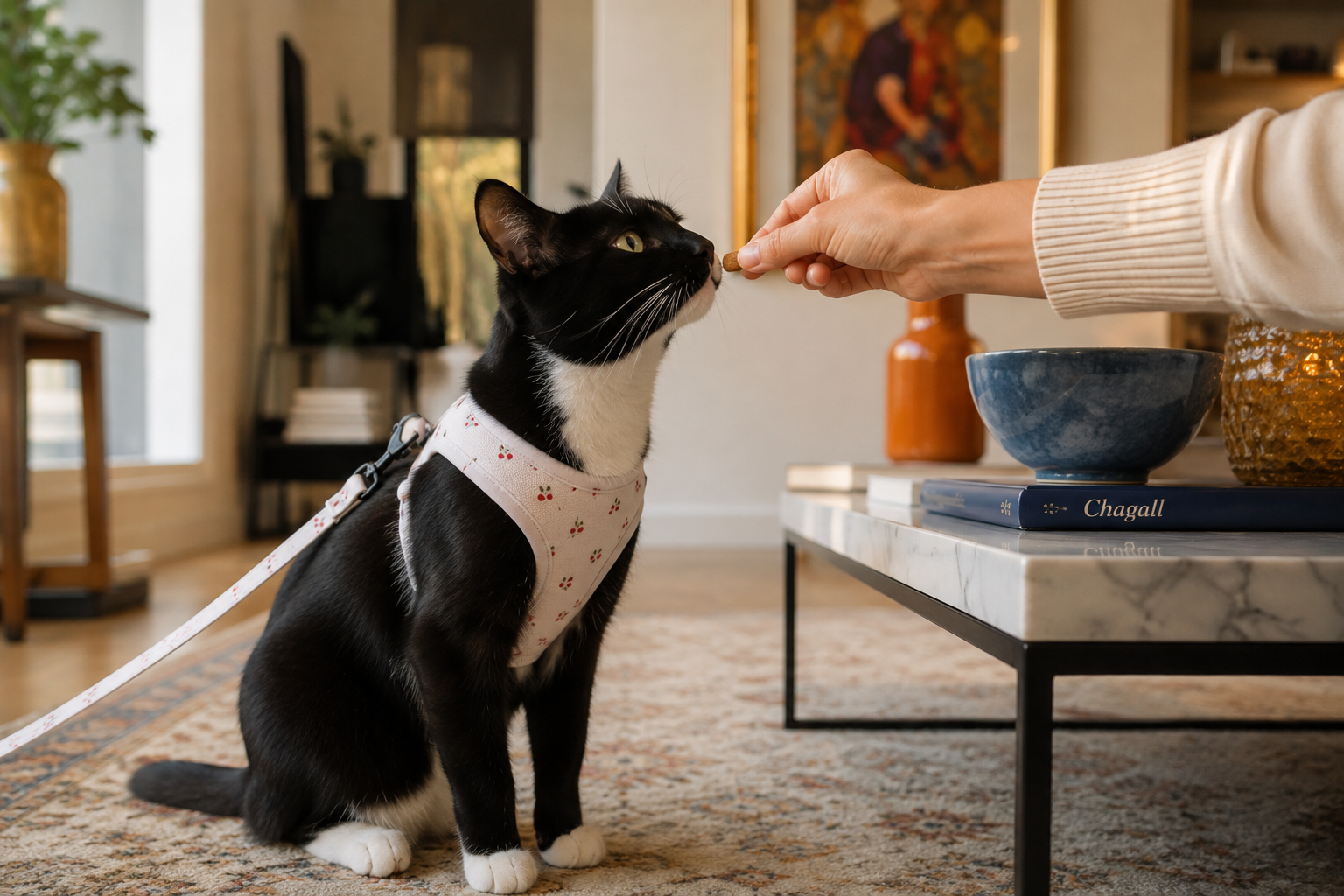 A black-and-white cat in a soft harness sits on a rug, taking a treat from a woman's hand during indoor training.