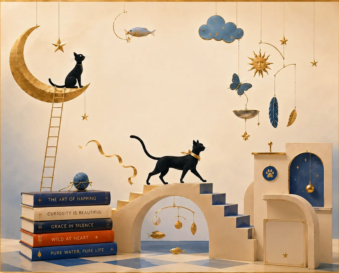 Paper-craft diorama of a black cat silhouette walking across a stack of navy and gold-edged books beneath a hanging brass mobile